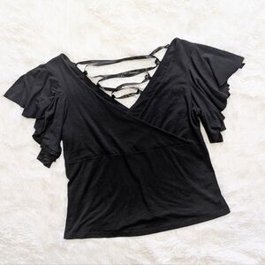 Y2K Vintage Lip Service Black Lace Up Back Split Flutter Sleeve Top Size 0X